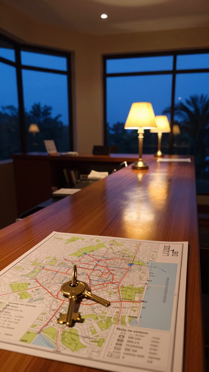 Brass Keys and Maps on Bangalore Hotel Desk in at a reception desk under warm light in Bangalore