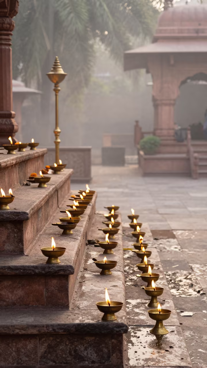 Brass Lamps on Delhi Temple Steps in Mist in in a temple courtyard near Paharganj, Delhi
