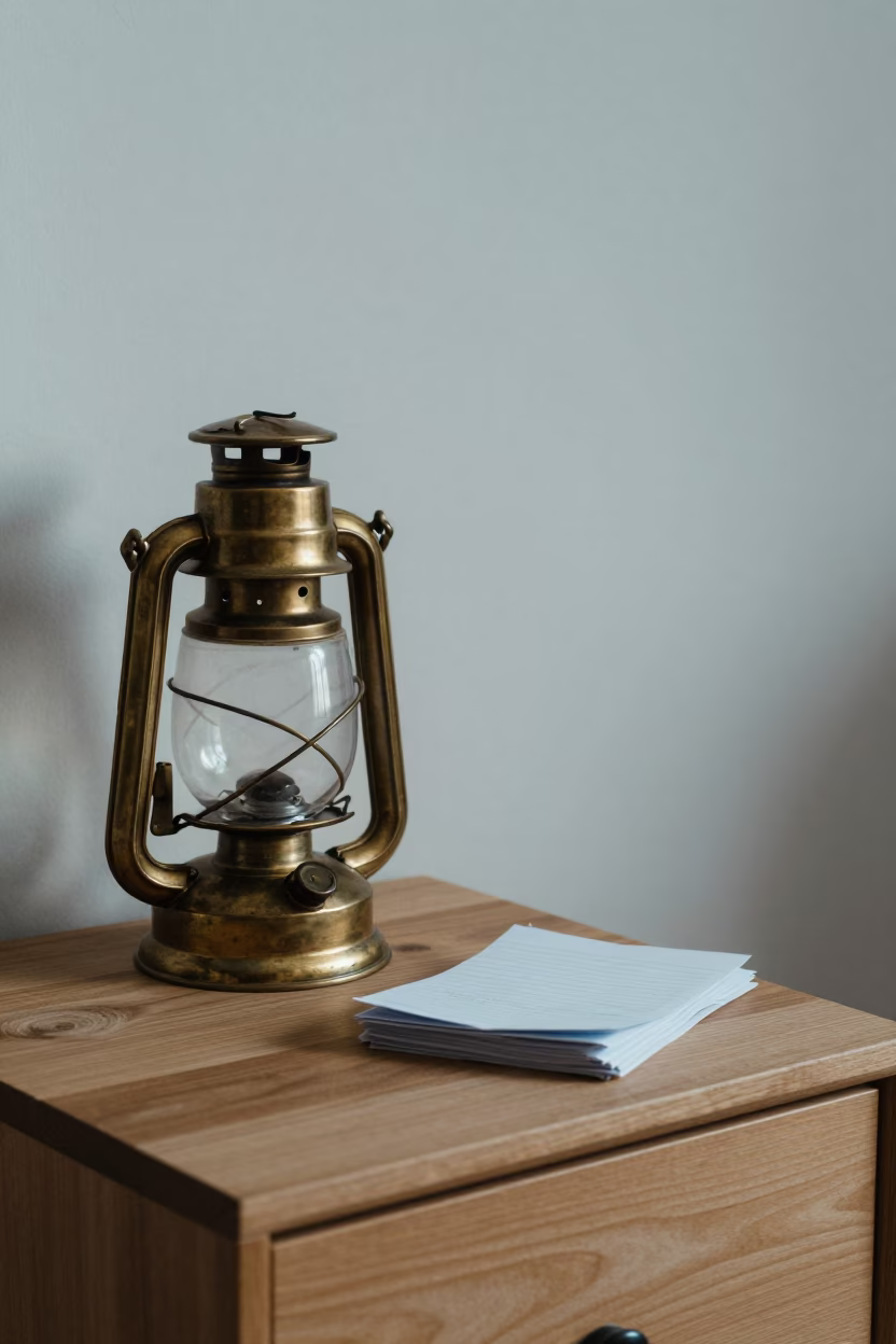 Brass Lantern and Notes on Brisbane Table in on a bedside table in Brisbane