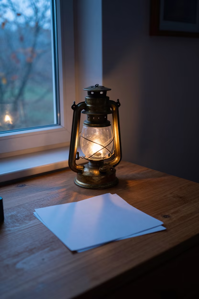 Brass Lantern and Notes on Desk at Dawn in on a writing desk near Yulin, Chengdu