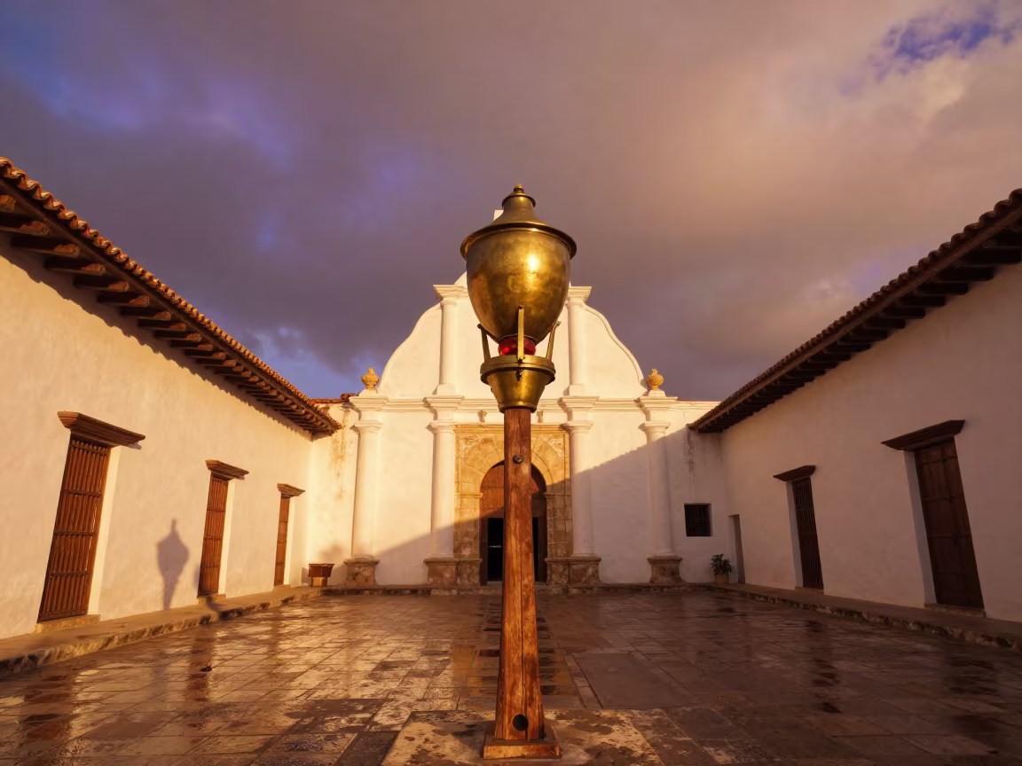 Brass Lantern Red Lens Getsemani Temple Courtyard in in a temple courtyard in Getsemani, Cartagena