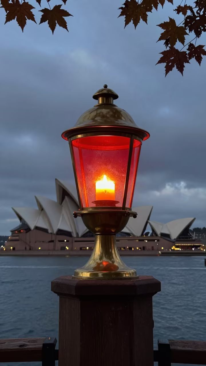 Brass Lantern with Red Lens on Sydney Dock in in a ceremonial hall in Sydney