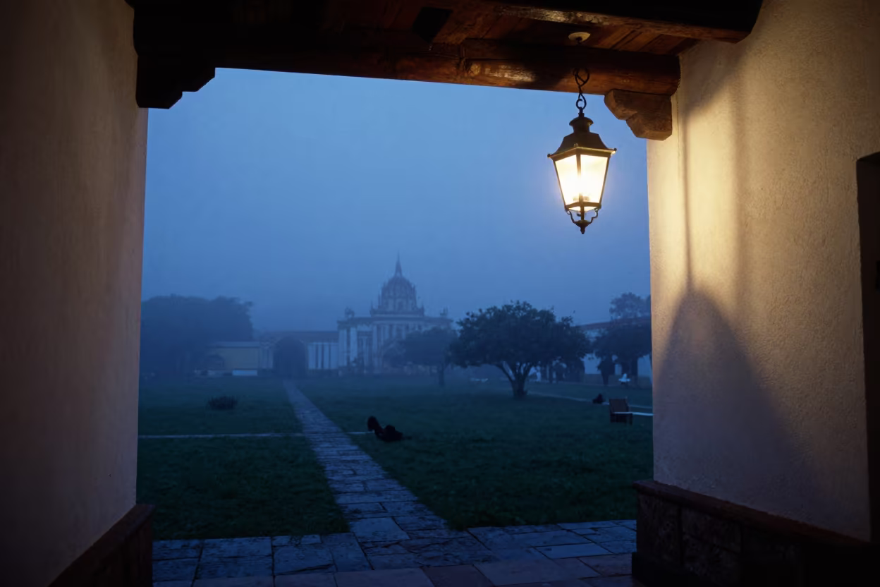 Brass Lantern Silhouette in Calabozo Prayer Hall in in a prayer hall in Calabozo