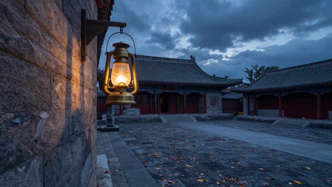 Brass Lantern on Temple Courtyard Wall at Twilight in in a temple courtyard near 10th of Ramadan