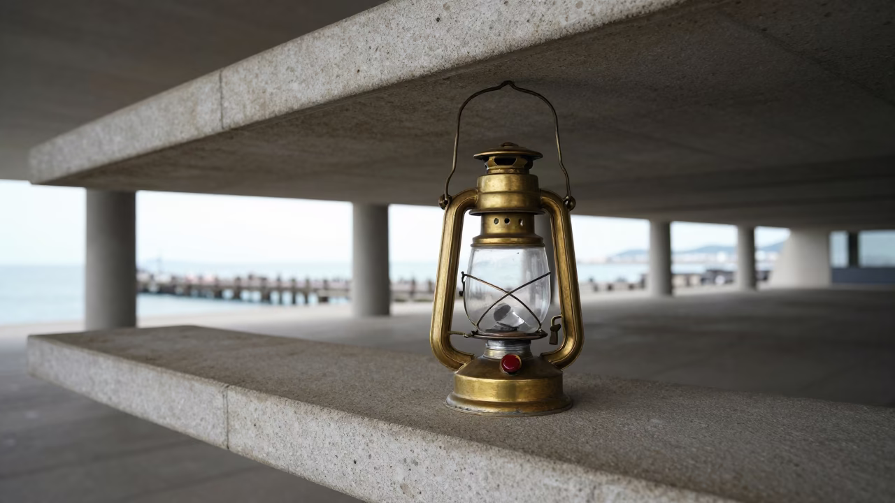 Brass Lantern and Wax Seal on Pier Shelf in on a pier railing in Haeundae, Busan