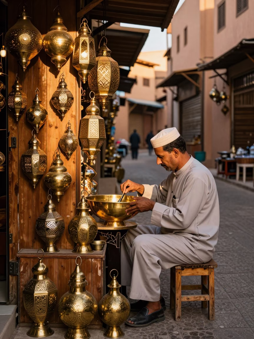 Brass Lanterns in Marrakech at Late Afternoon Light in in Marrakech, Morocco