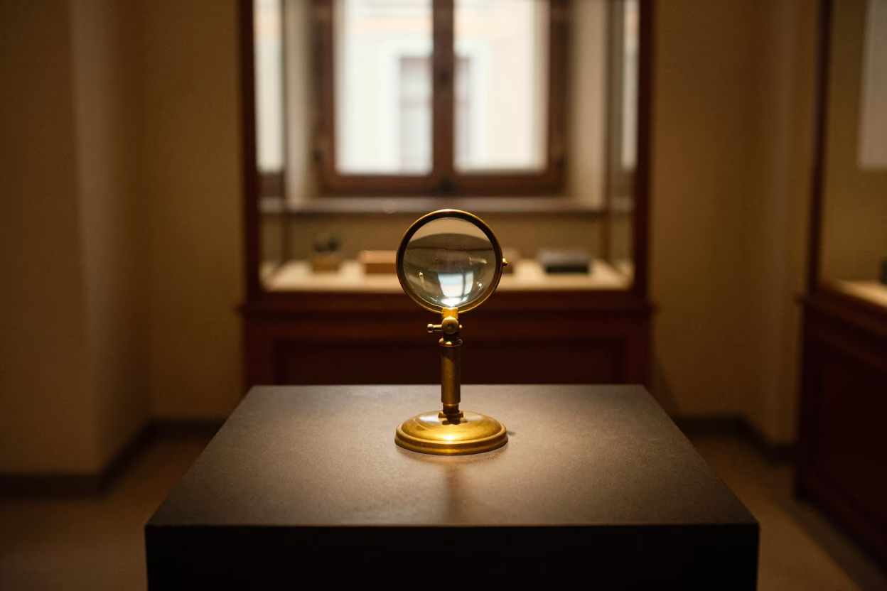 Brass Loupe on Plinth in Evening Light in on a museum plinth in Mosul