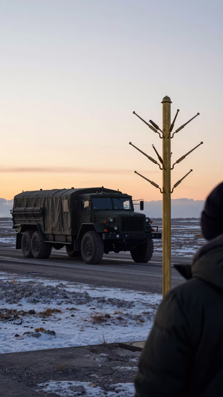 Brass Magnet Wand Rack at Dawn in Kamchatka Winter in beside a convoy halt on open ground in Kamchatka