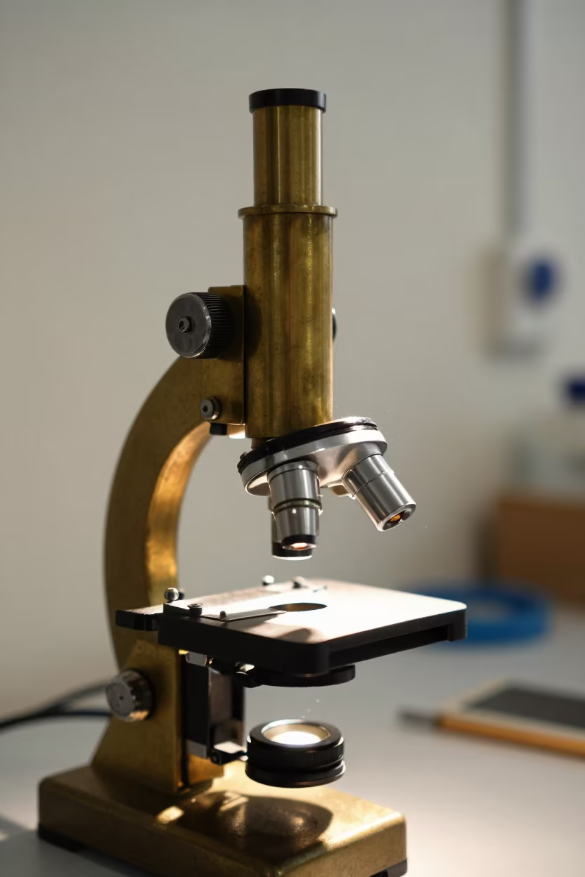 Brass Microscope Detail in Fossil Lab in in a fossil prep lab in Sibiu