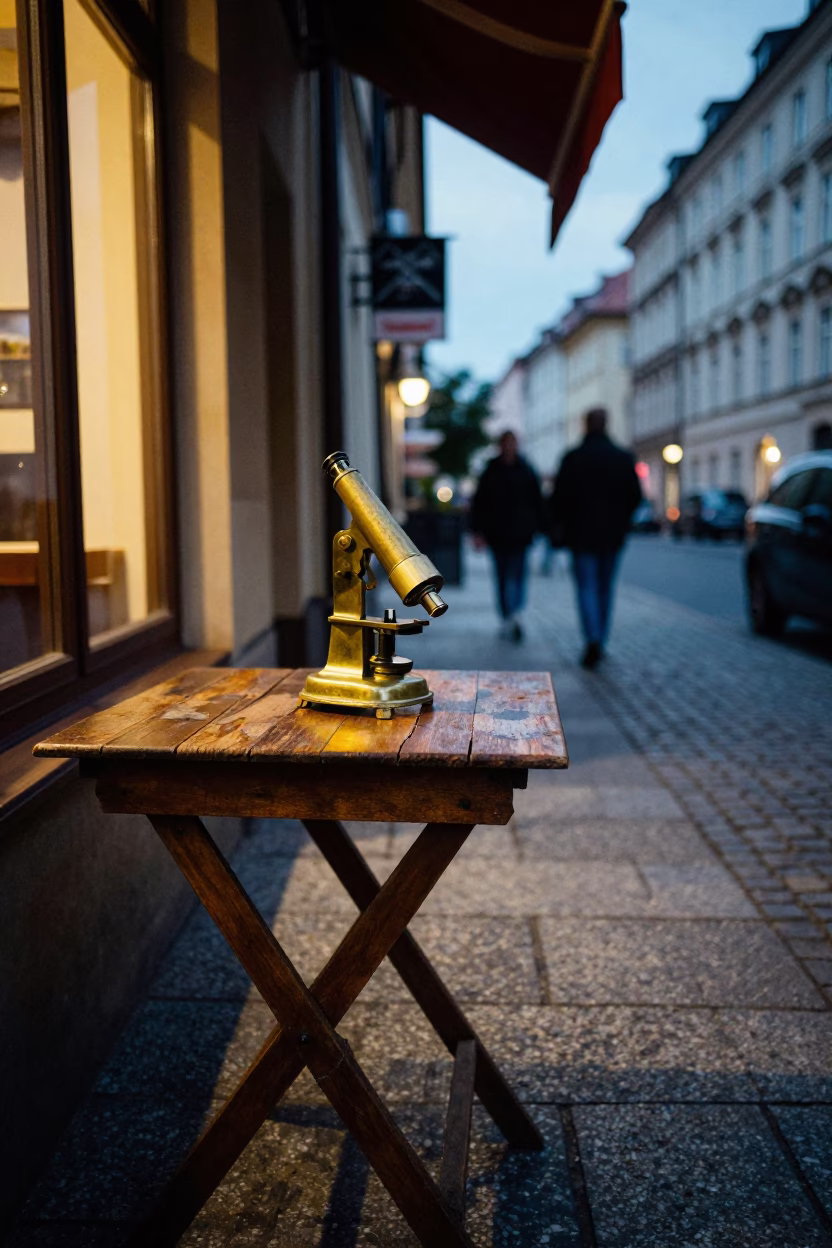 Brass Microscope in Prague at Twilight in in Prague, Czech Republic