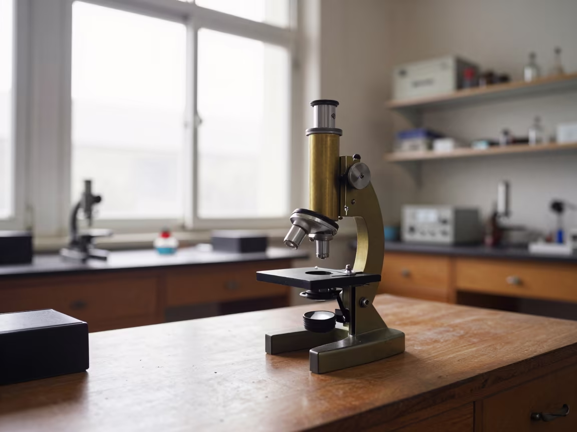 Brass Microscope in Islamabad Lab Dawn Light in in a bright laboratory in Islamabad