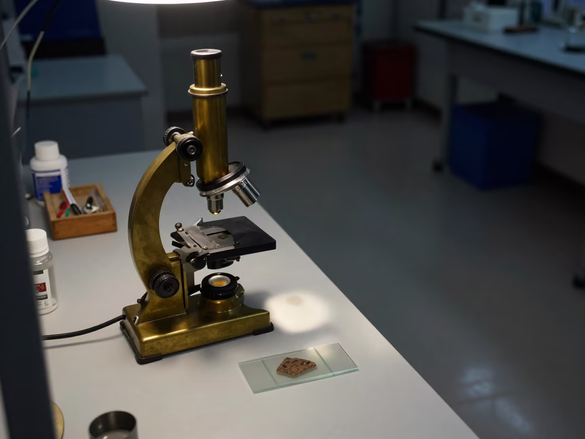 Brass Microscope in Mersin Fossil Lab at Night in in a fossil prep lab in Mersin