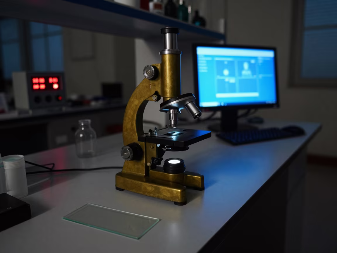 Brass Microscope in Vellore Lab at Midnight in in a bright laboratory in Vellore