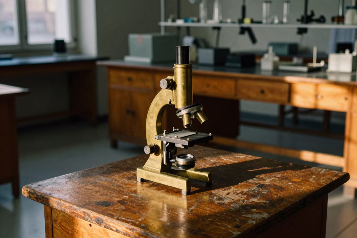 Brass Microscope on Wooden Desk in Algiers Evening in at a microscopy bench in Algiers