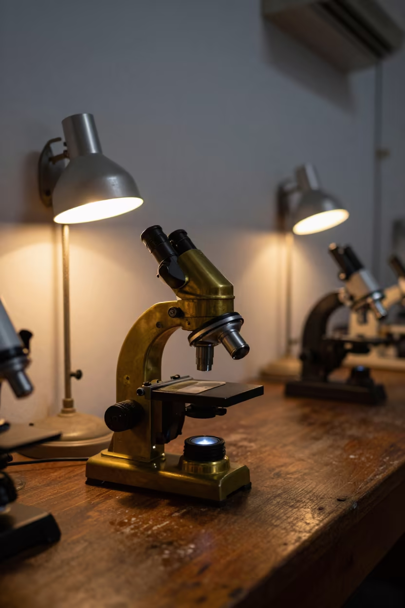 Brass Microscope on Worn Desk in Muzaffargarh in at an engineering workbench in Muzaffargarh