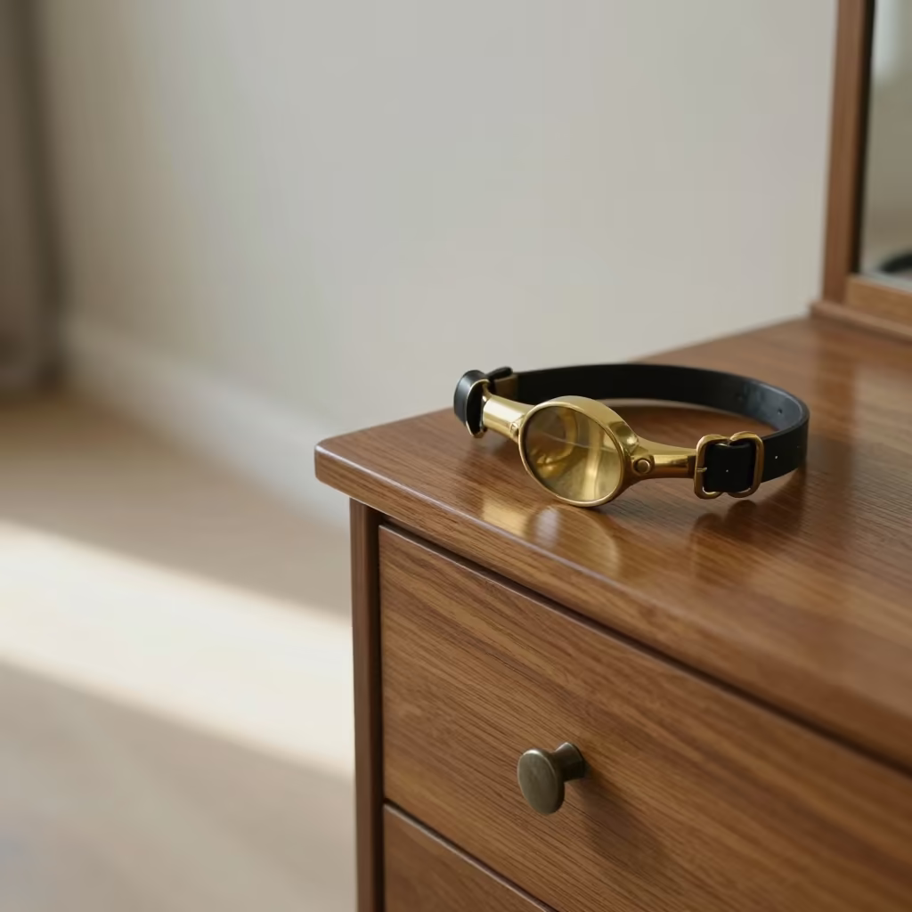Brass Monocle on Wooden Dresser in Baku Dawn in on a hotel dresser in Baku