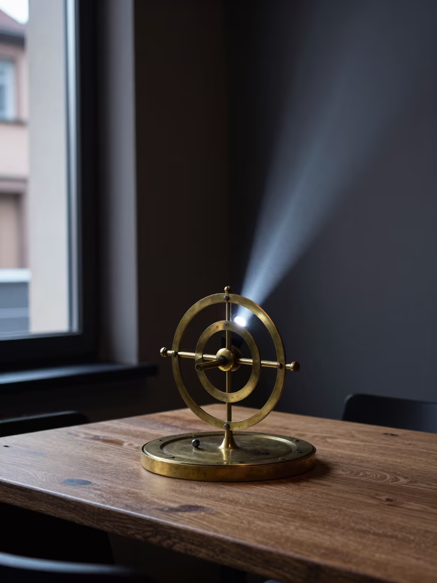 Brass Orrery on Cafe Table Before Dawn in on a cafe table by a window near Nuremberg