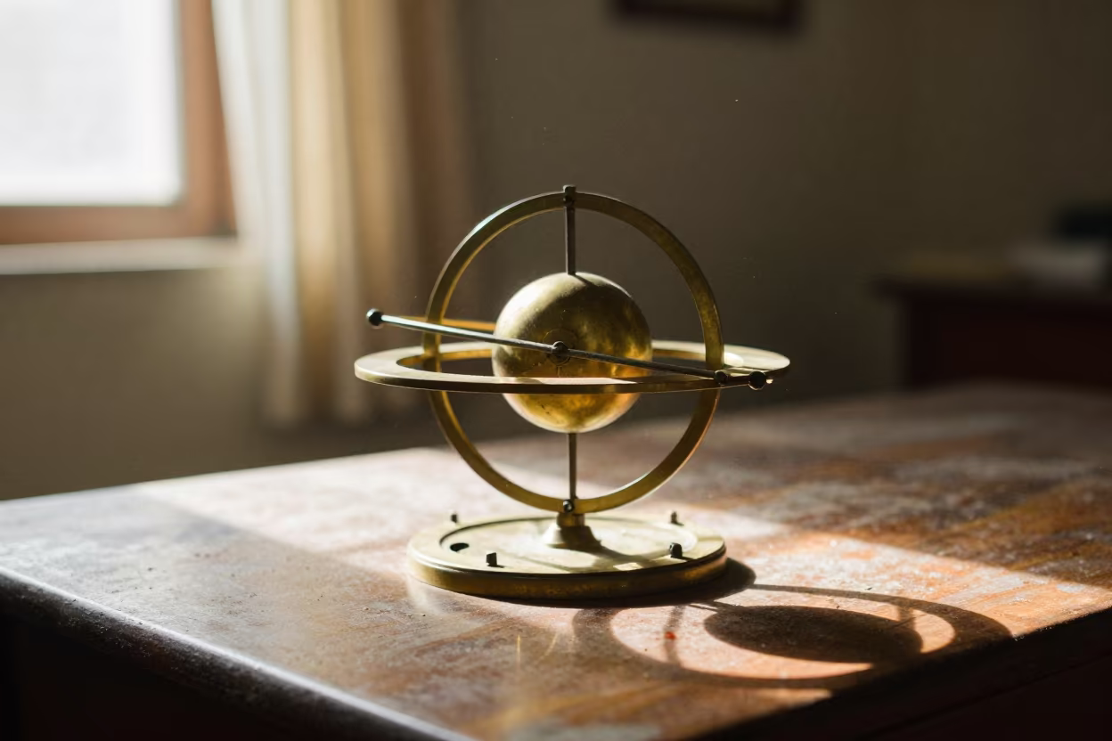 Brass Orrery on Dusty Library Table in on a dusty library table near Eluru