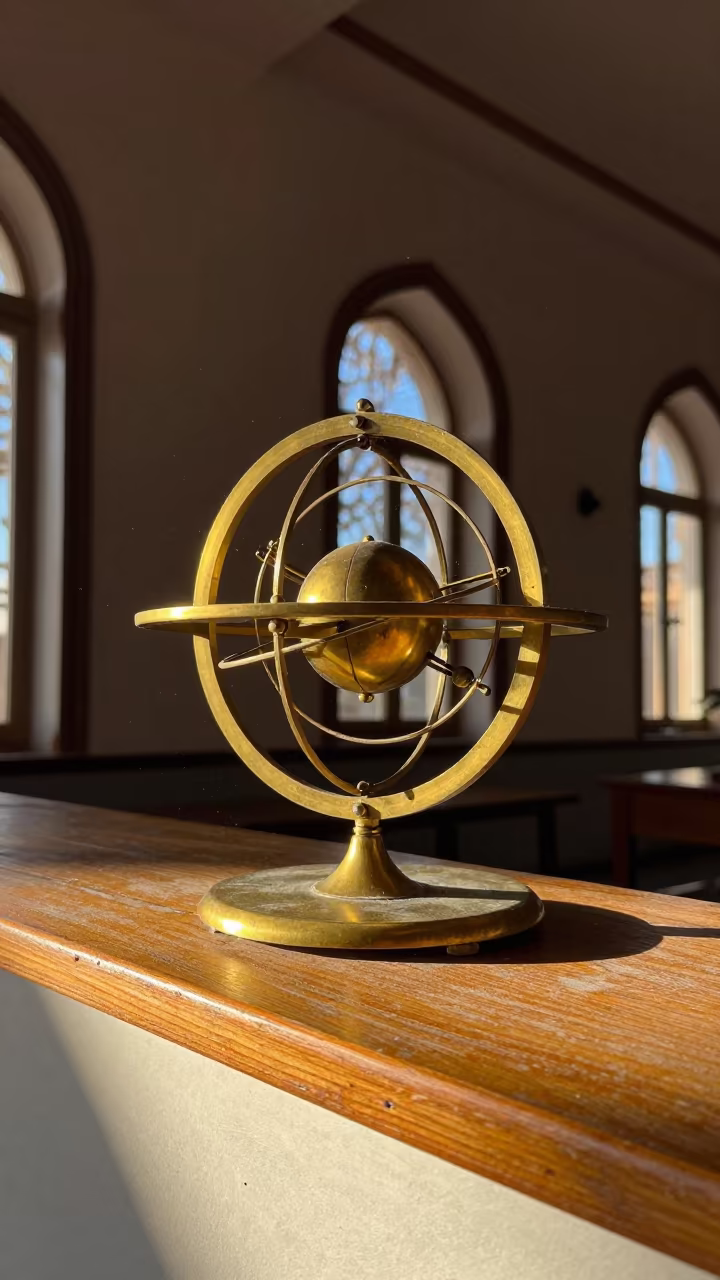 Brass Orrery Display in Gaziantep Winter Light in on a painted display ledge in Gaziantep