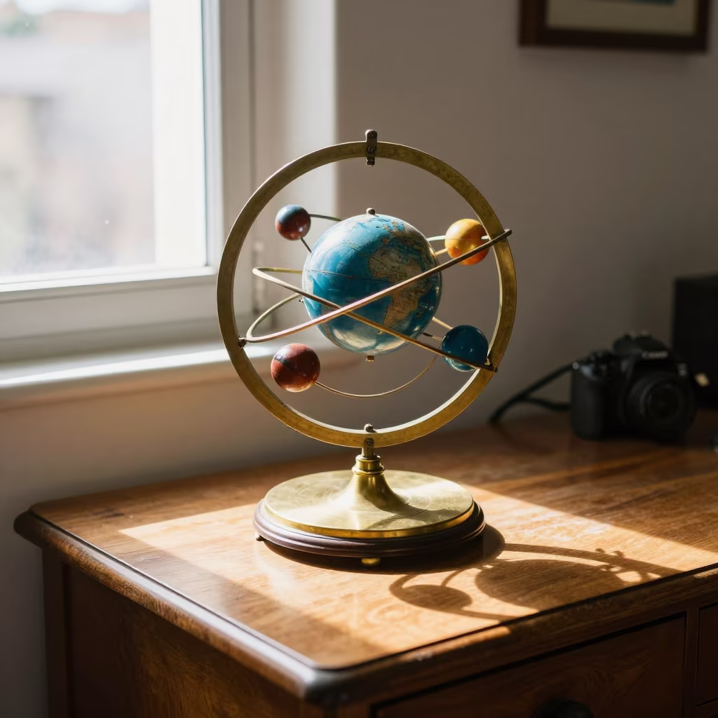 Brass Orrery on Study Desk in Noon Light in on a writing desk near San Pedro de la Paz