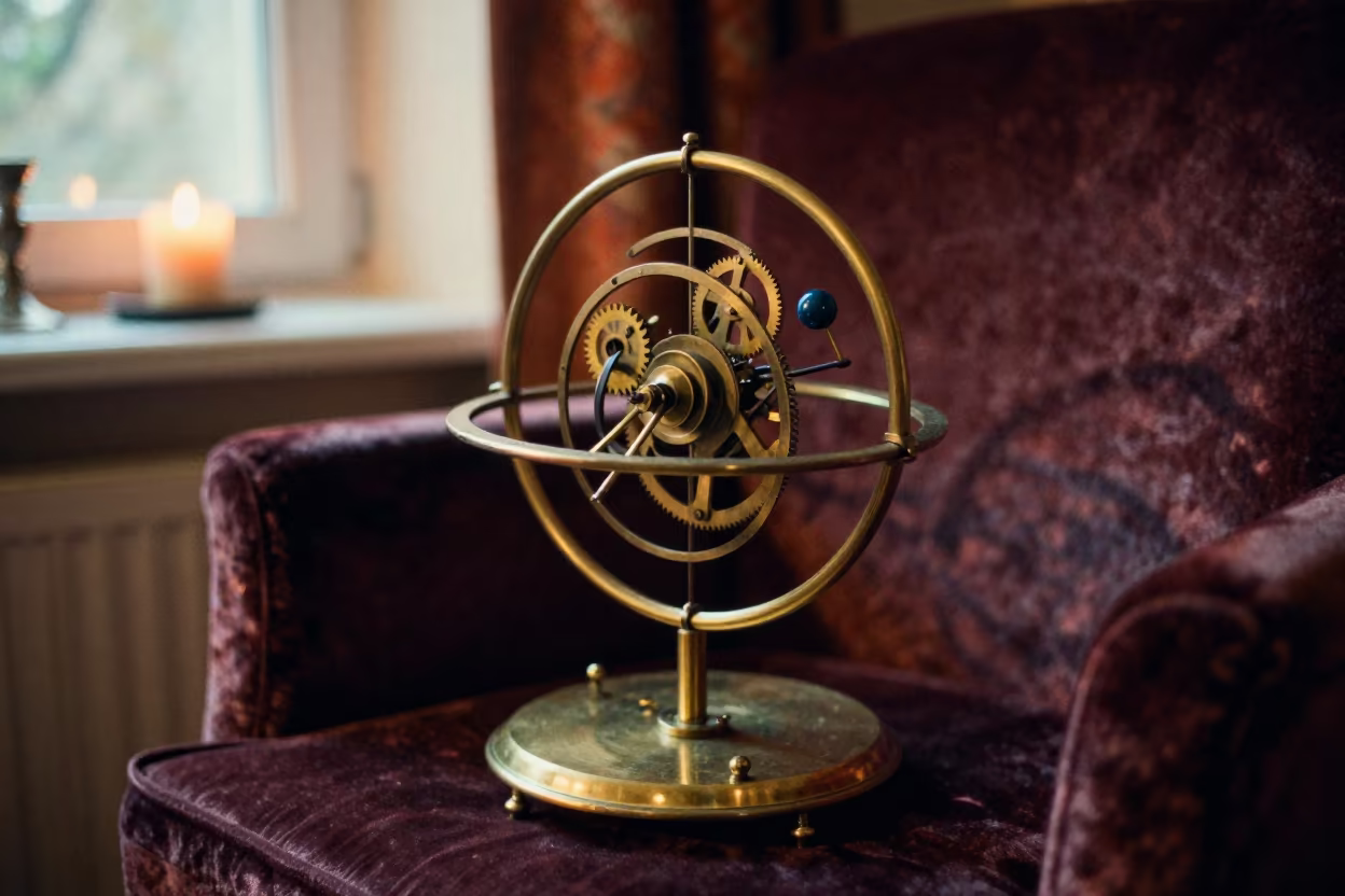 Brass Orrery on Velvet Chair Near Ordu in on a velvet chair near Ordu