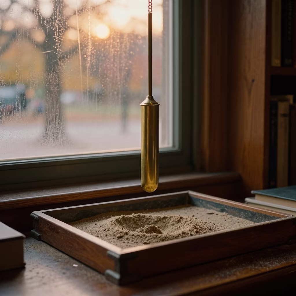 Brass Pendulum Over Sand in Golden Hyde Park Library in on a dusty library table in Hyde Park, Chicago
