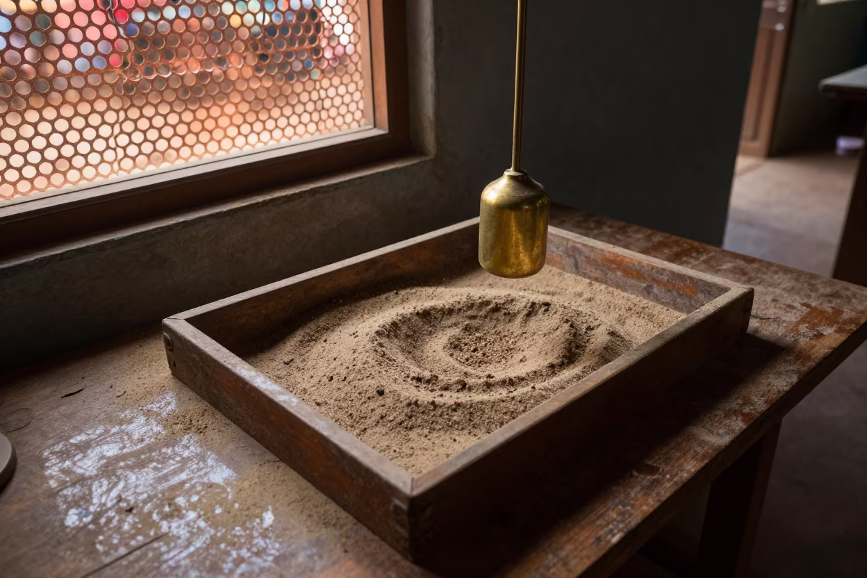 Brass Pendulum Over Sand Tray Cotonou Workbench in on a wooden workbench in Cotonou