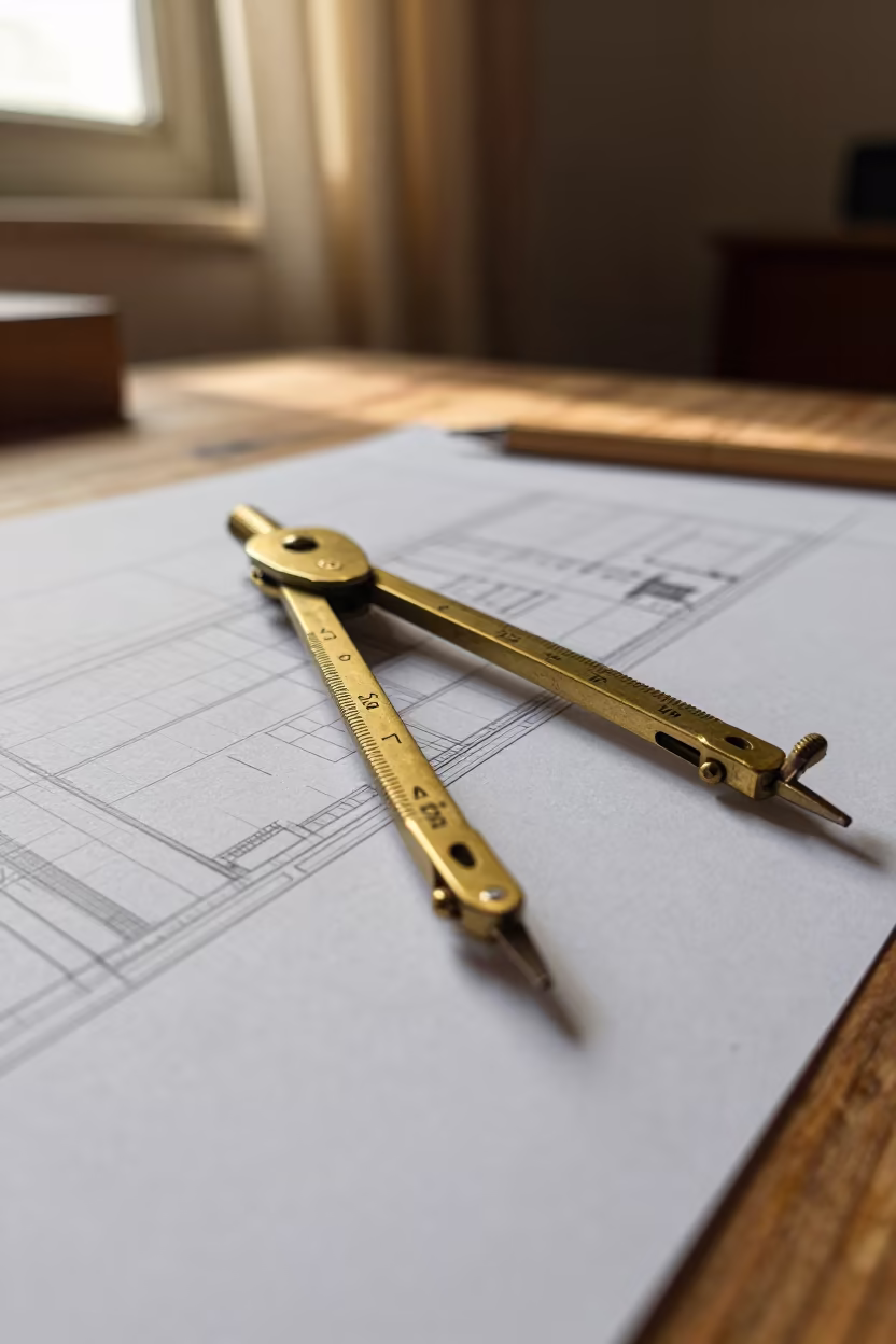 Brass Protractor Compass on Drawing in Garoua in on a wooden workbench in Garoua