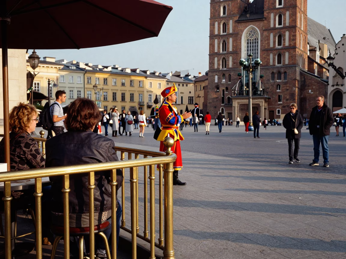 Brass Rail and Street Performer in Krakow Late Afternoon in in Krakow, Poland