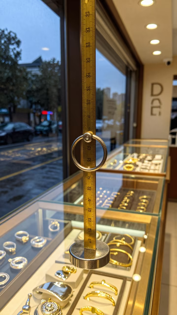 Brass Scale Ring Fitting at Dali Jewelers in inside a jeweler's stall with brass scales and trays in Dali