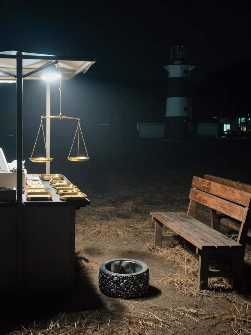 Brass Scales and Campfire Ring in Midnight Light in inside a jeweler's stall with brass scales and trays near Semarang