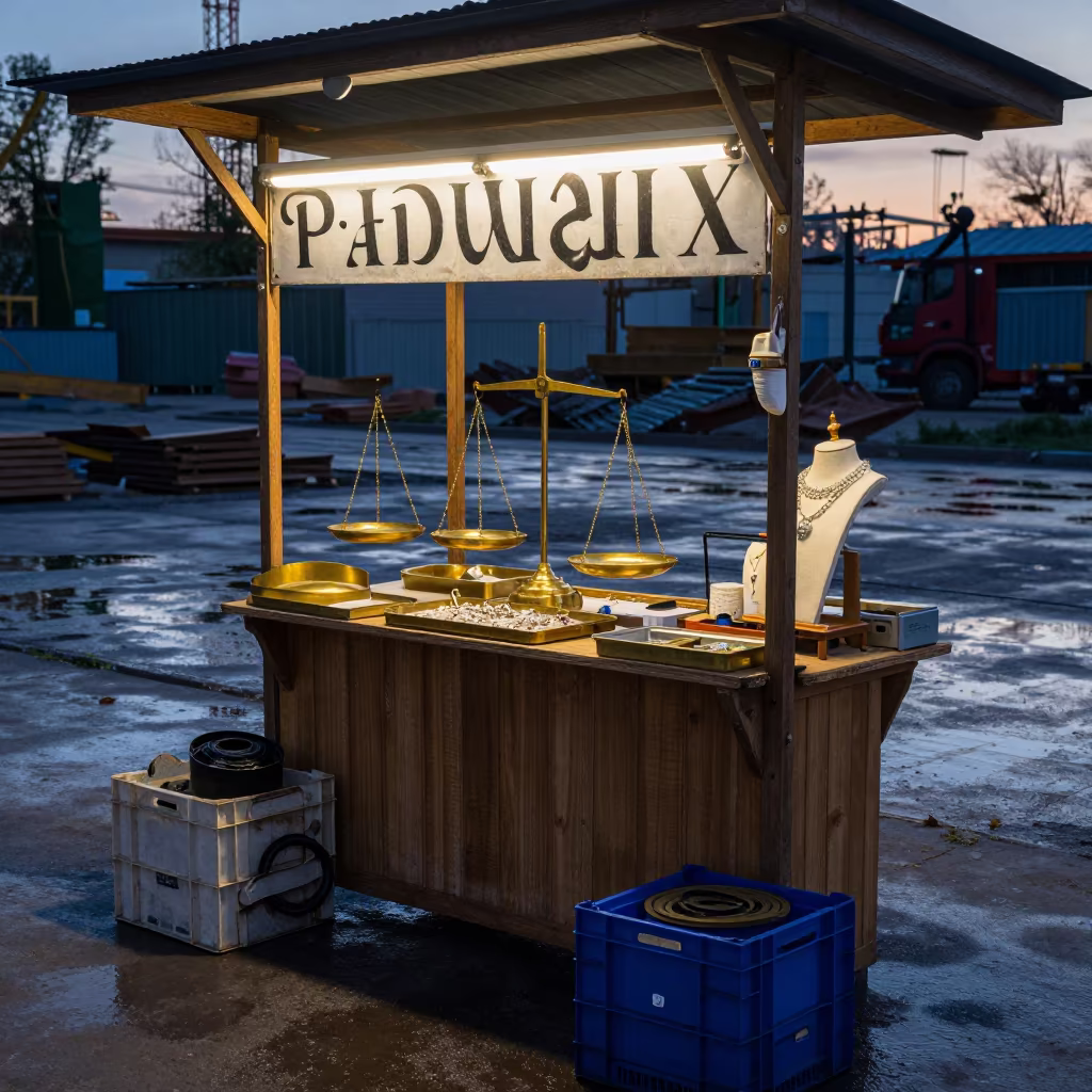 Brass Scales and Manhole Ring in Almaty Stall in inside a jeweler's stall with brass scales and trays in Almaty