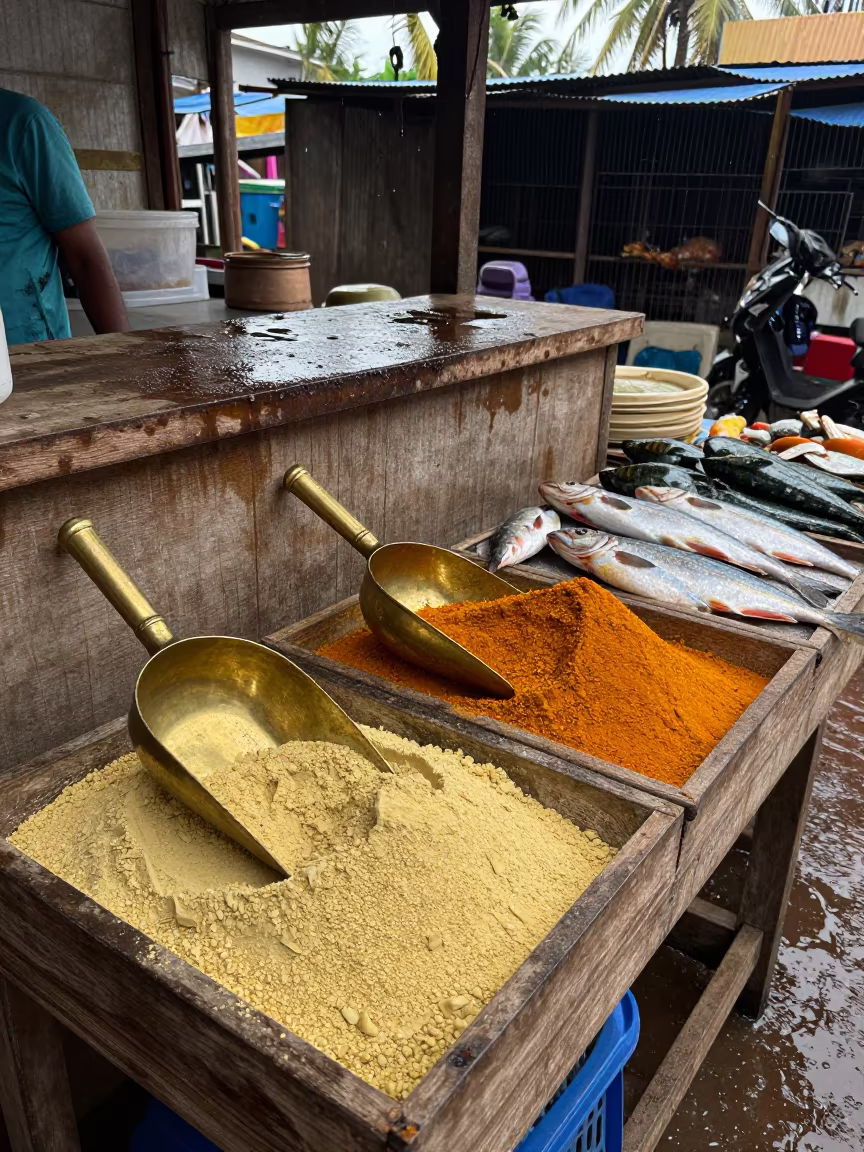 Brass Scoops in Cumin and Saffron Market Stall in beside a fish counter in Belgaum