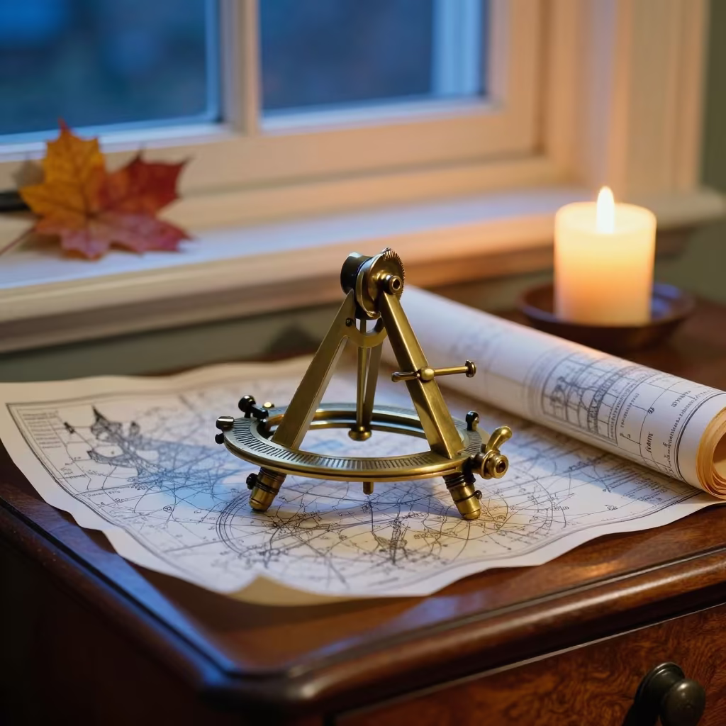 Brass Sextant and Charts in Evening Candlelight in on a bedside table in Victoria