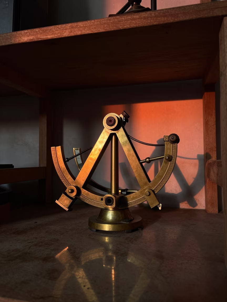 Brass Sextant Sunset Reflections Workshop Shelf in on a workshop shelf in Pyongyang