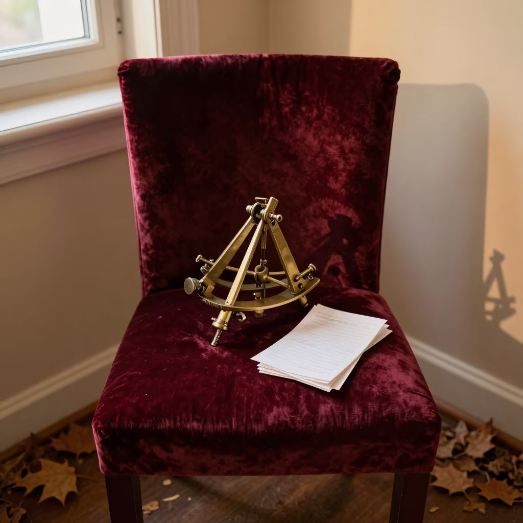 Brass Sextant on Velvet Chair in Autumn Light in on a velvet chair in Nazareth