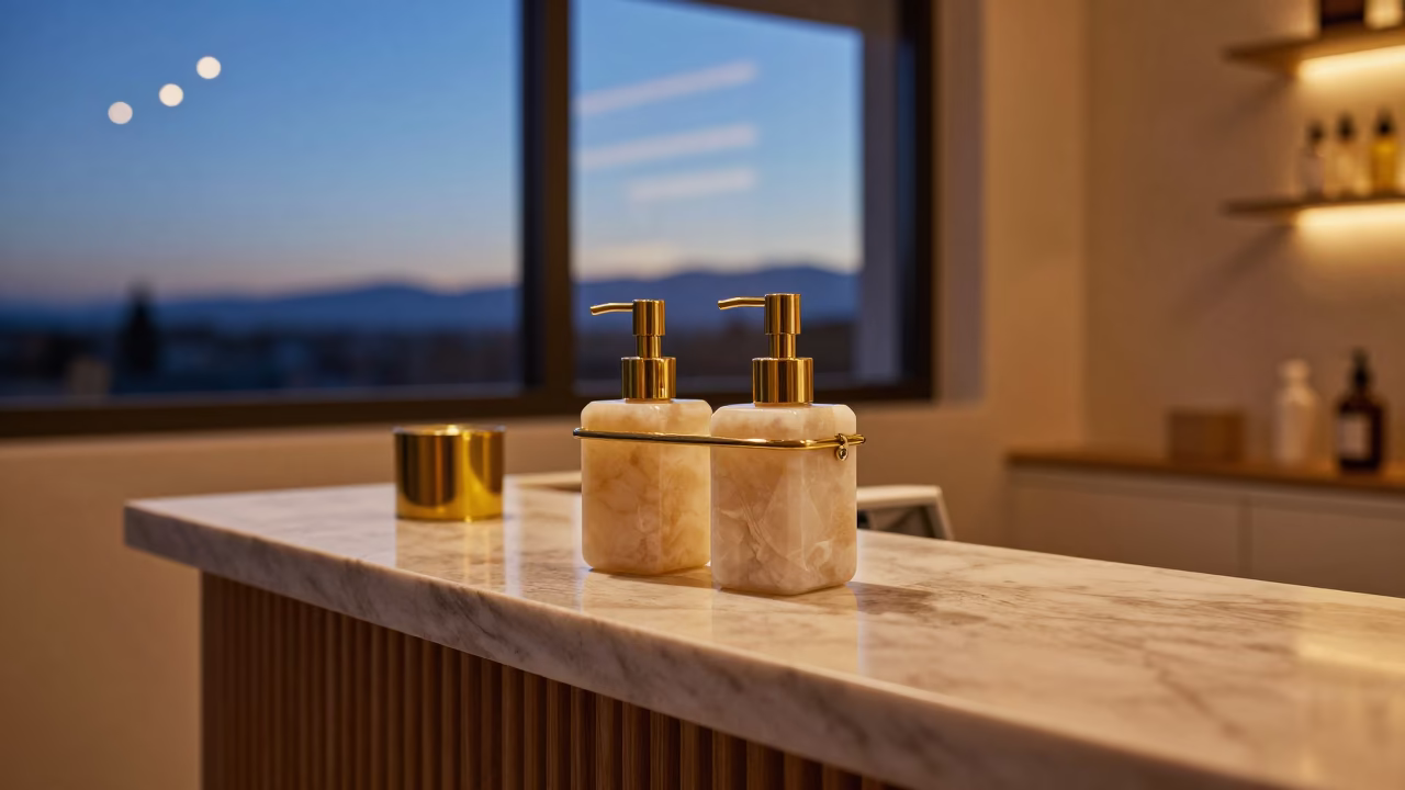 Brass Shampoo Bin Stone Counter Blue Hour Spa in inside a spa reception in Guadalajara