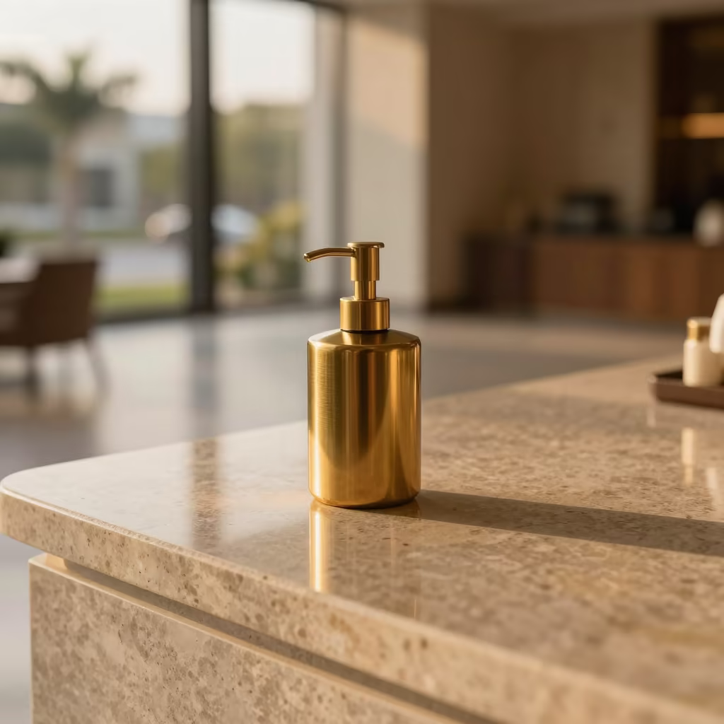 Brass Shampoo Dispenser on Polished Stone Can Tho in inside a hotel lobby near Can Tho