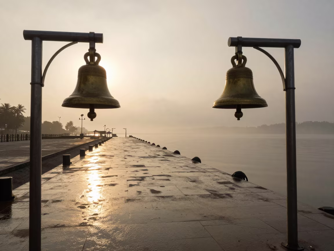 Brass Ship Bell at Malaysian Harbor in beside a fogbound harbor mouth in Malaysia