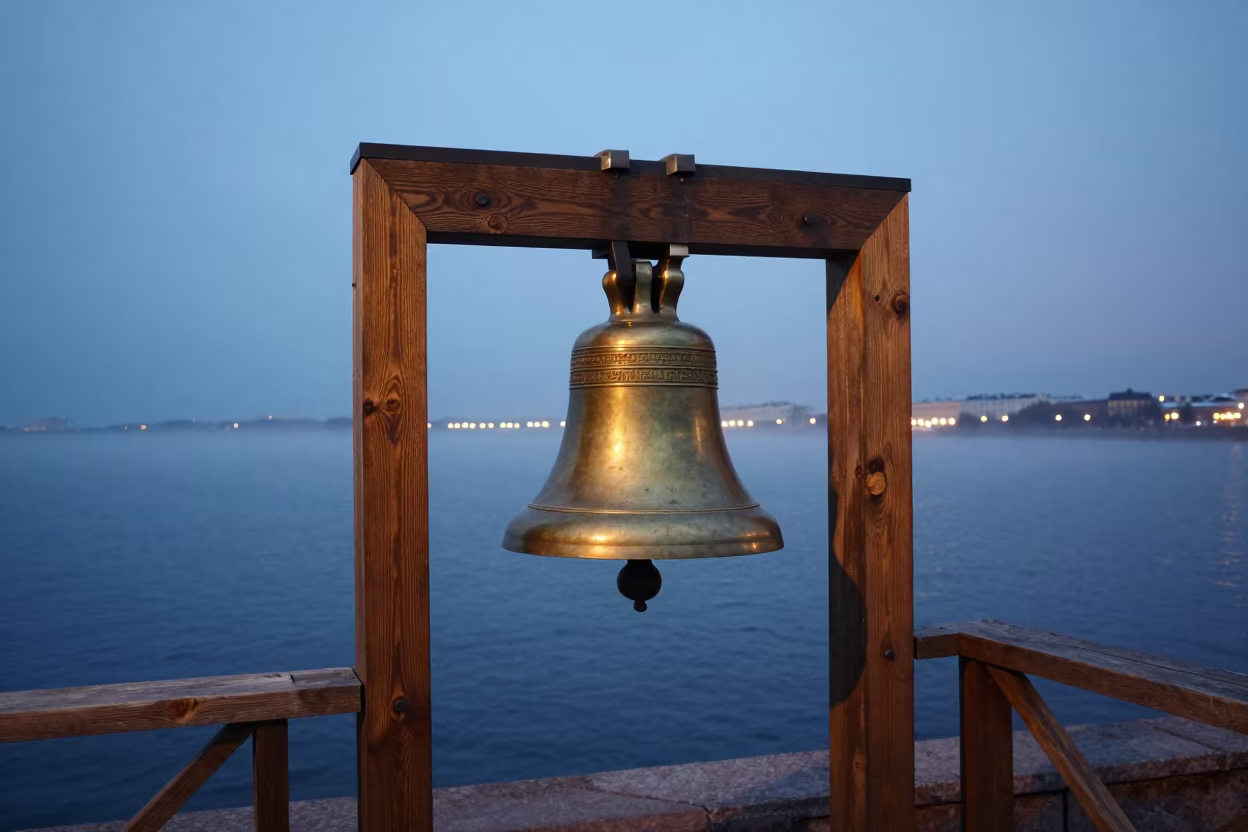 Brass Ship Bell on Teak Causeway at Twilight in on a wind-open causeway near St Petersburg