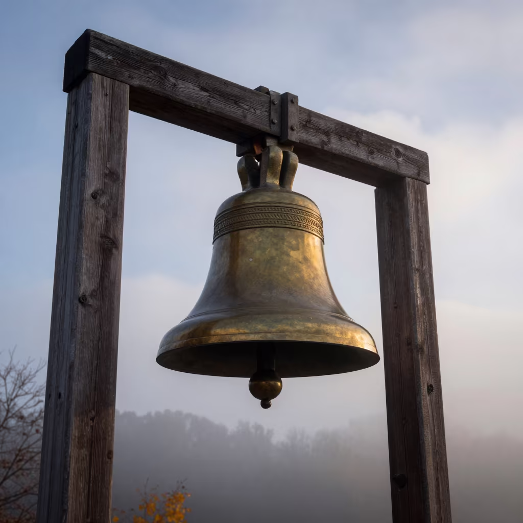 Brass Ship Bell on Teak Frame at Dawn in on a wind-open causeway in Serbia