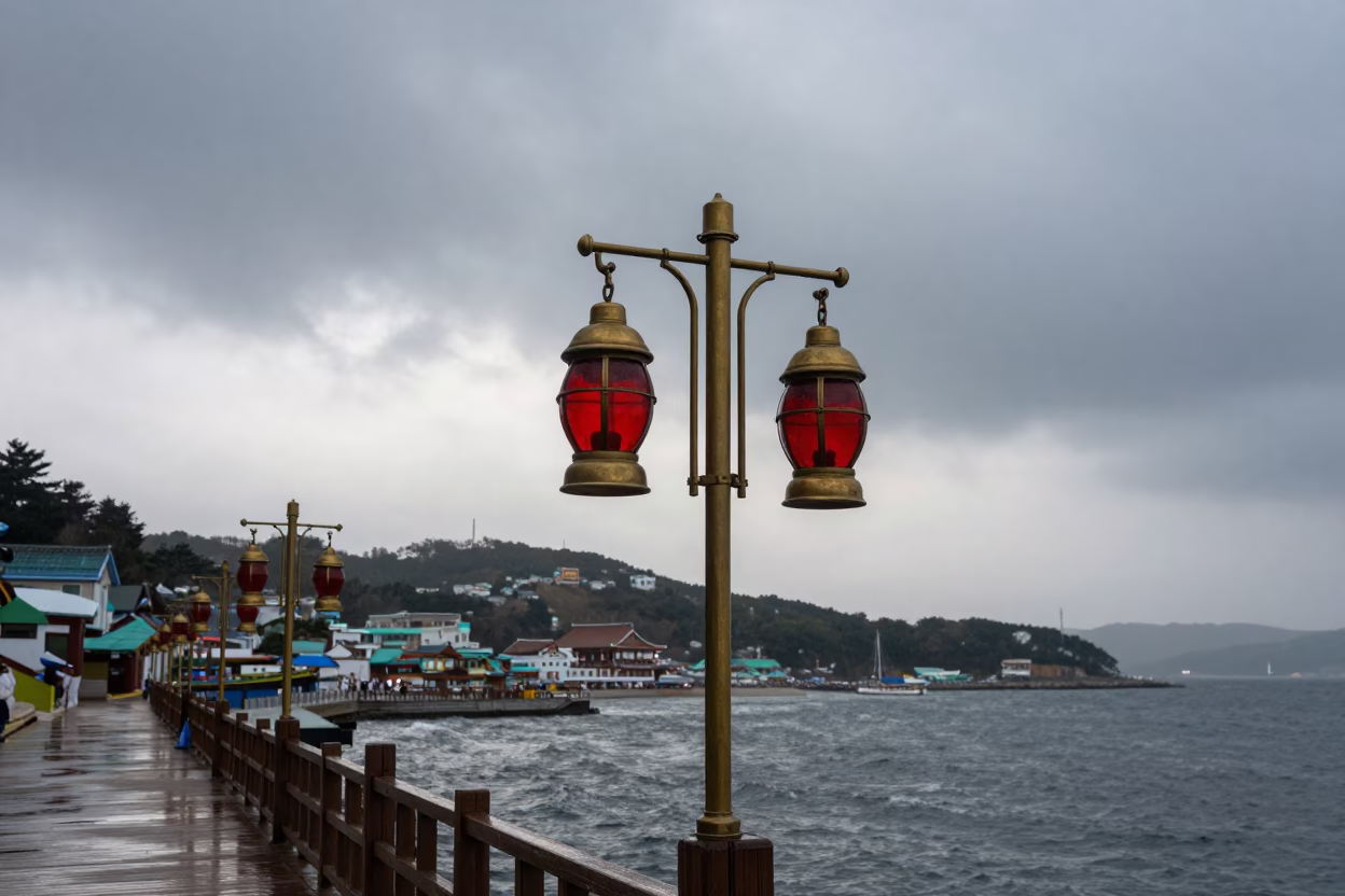 Brass Ship Lantern Red Lens Dawn Jagalchi in in a shrine lined with lanterns in Jagalchi, Busan