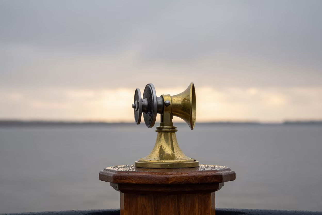 Brass Ship Telegraph on Wood Pedestal at Sunset in in Belgium