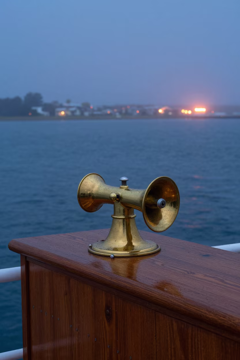 Brass Ship Telegraph on Wooden Pedestal at Foggy Harbor in beside a fogbound harbor mouth in South Australia