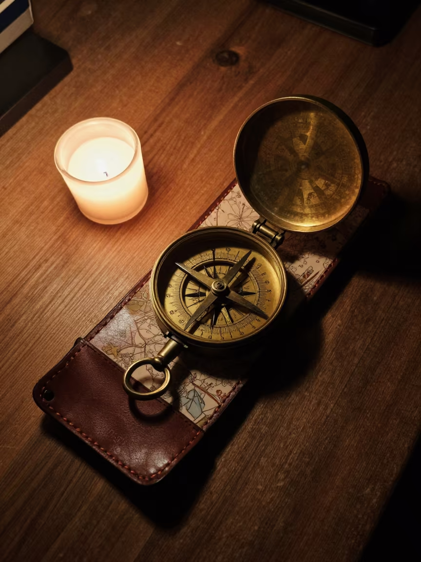 Brass Sun Compass on Workbench Night Candlelight in on a wooden workbench near Vancouver