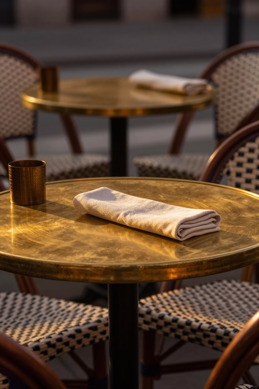 Brass Tabletop in Madrid at Copper-toned Light Before Dusk in in Madrid, Spain