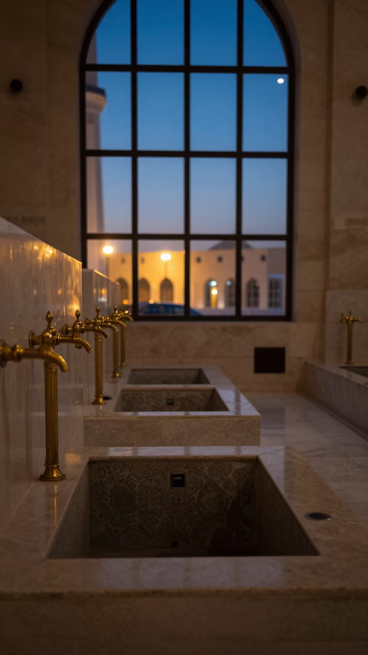 Brass Taps and Stone Seating in Doha Mosque in in a mosque prayer hall in Doha