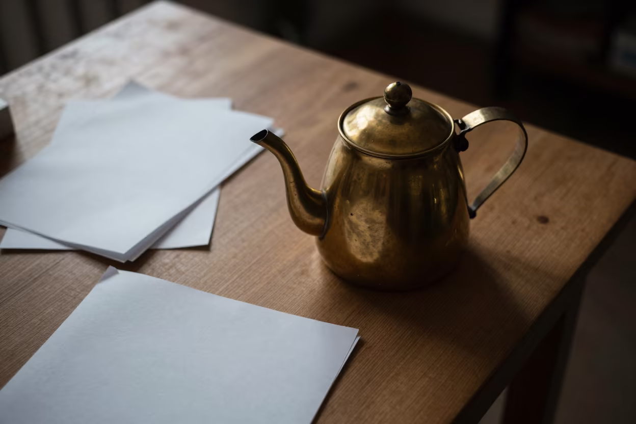 Brass Teapot and Notes on Desk at Dawn in on a writing desk in Toulouse