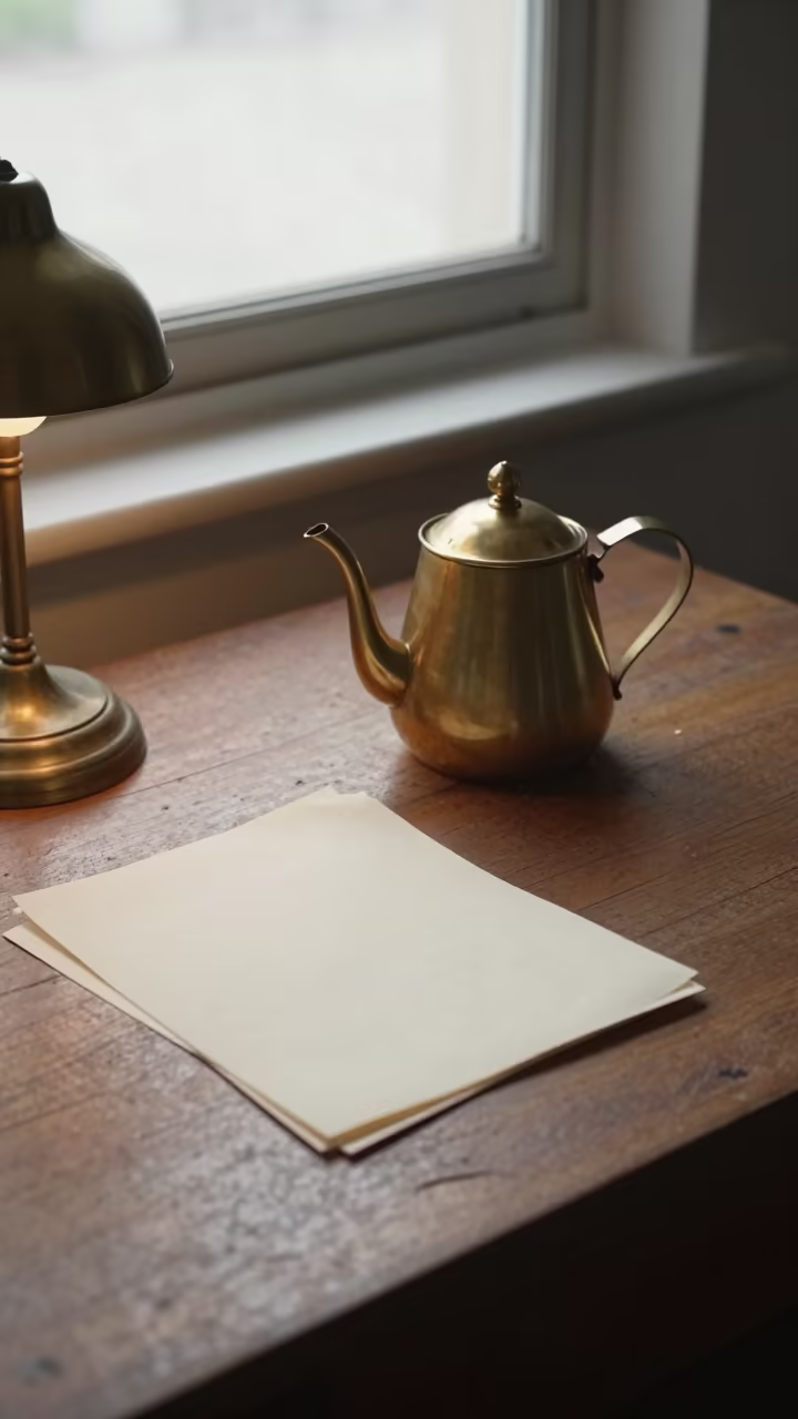 Brass Teapot and Notes on Oak Desk in on a writing desk near Chittagong