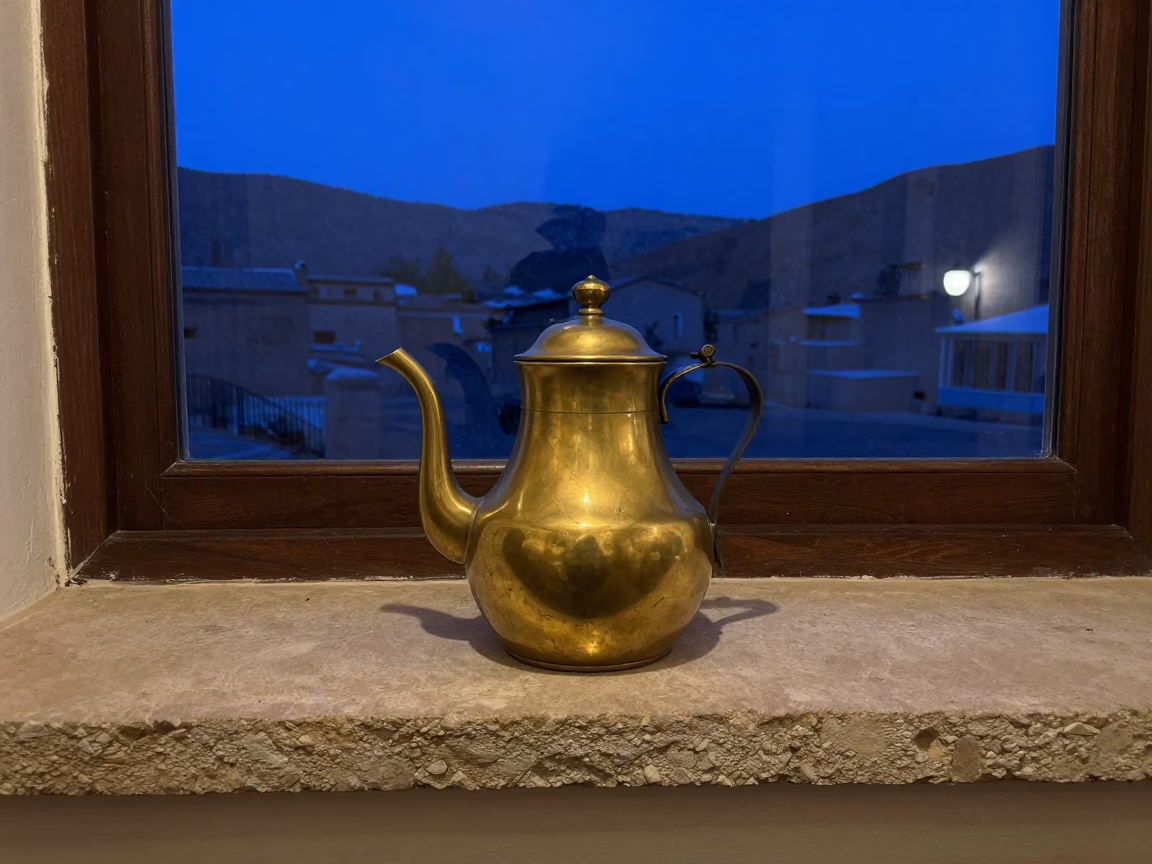 Brass Teapot on Stone Ledge in Taza Twilight in on a painted display ledge in Taza